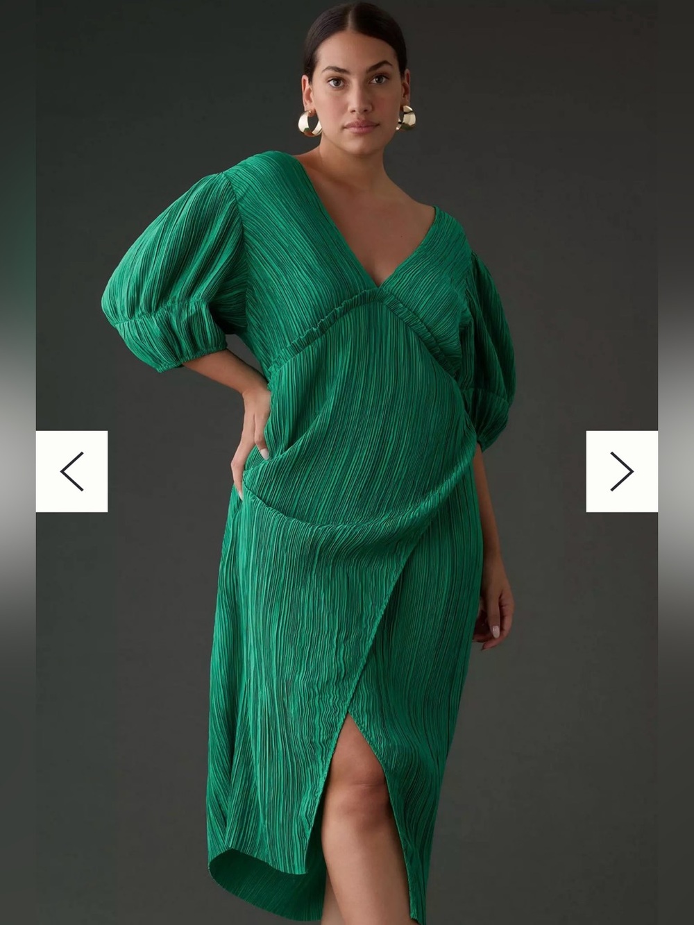 Anthropologie Women's Green V-Neck Pleated Slim Midi Dress Size L